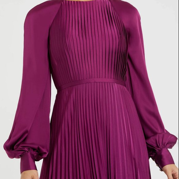 Purple Pleated High Neck Raglan Long Sleeve Side Slit Gown Womens Dress Leena - Picture 2 of 10